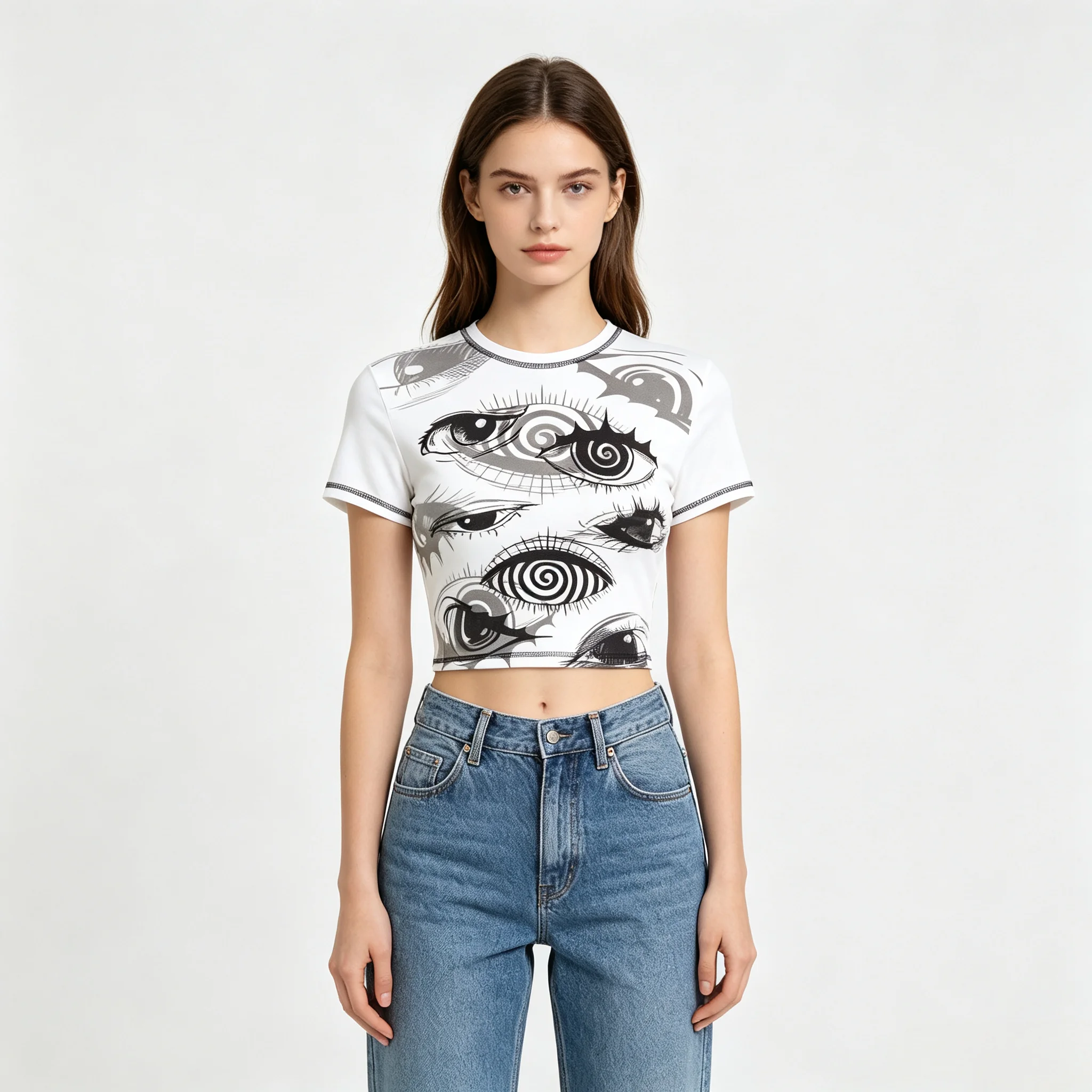 Women Gothic Eye Graphic Ringer Crop T Shirt, Psychedelic Swirl Print Short Sleeve Slim Alt Punk Streetwear Baby Tee