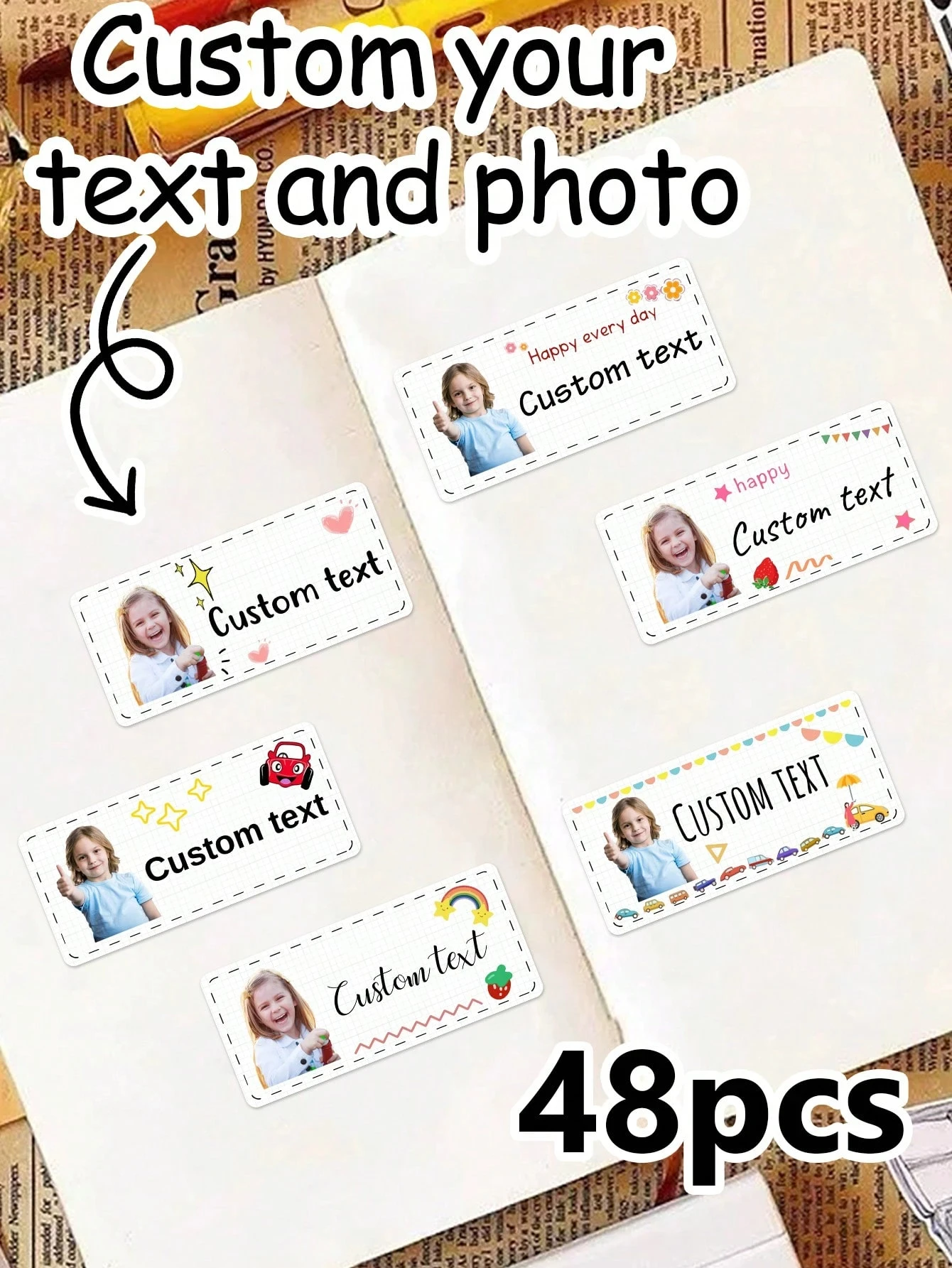 Étiquettes autocollantes personnalisées avec texte Photo, bouteille d'eau, vêtements, école, garderie, jeunes fils, filles