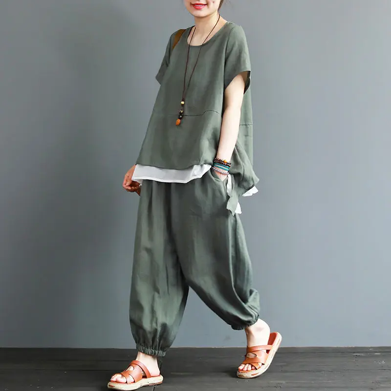 Cotton-linen Suit Women's Summer Dress New Short Sleeve T-shirt Women's Top Large Size Loose Cropped Harem Pants 2-piece Set V5