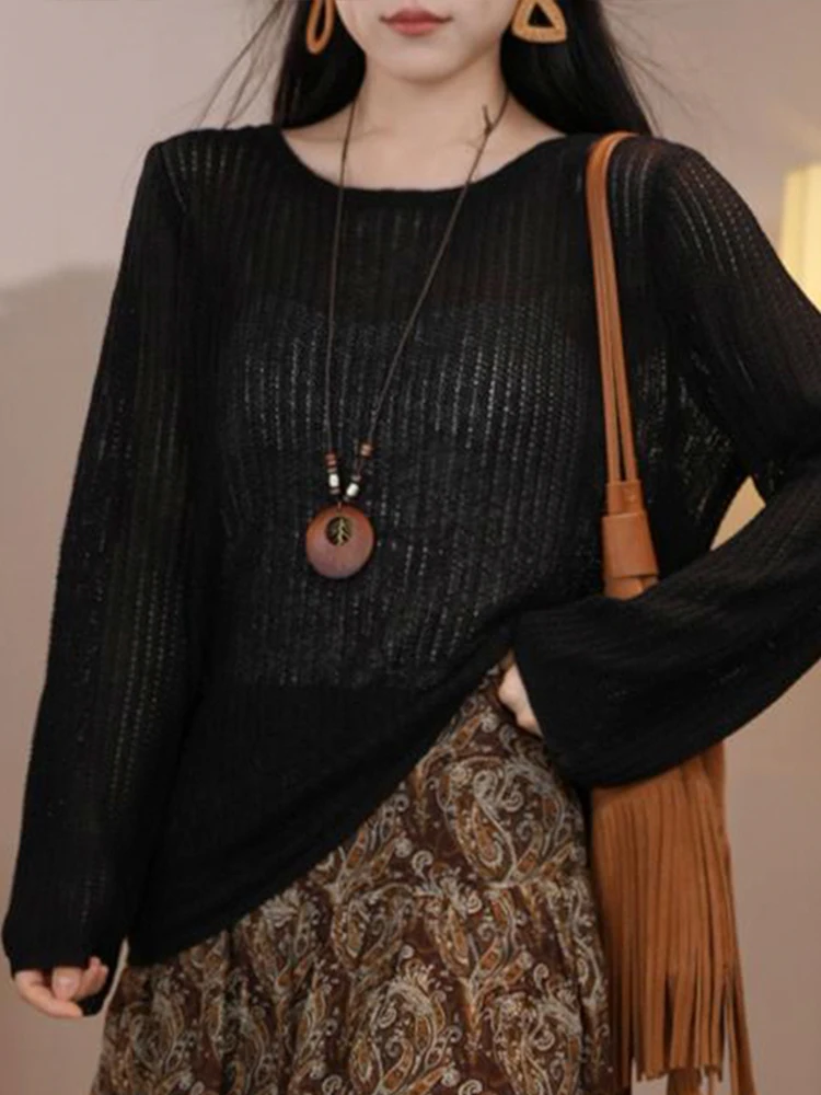 

Faionable Knitted Sweater Women's Thin Semi-Transparent Sun Protection Simple Cover-Up Top Trendy Loose Fit Long Sve rou...