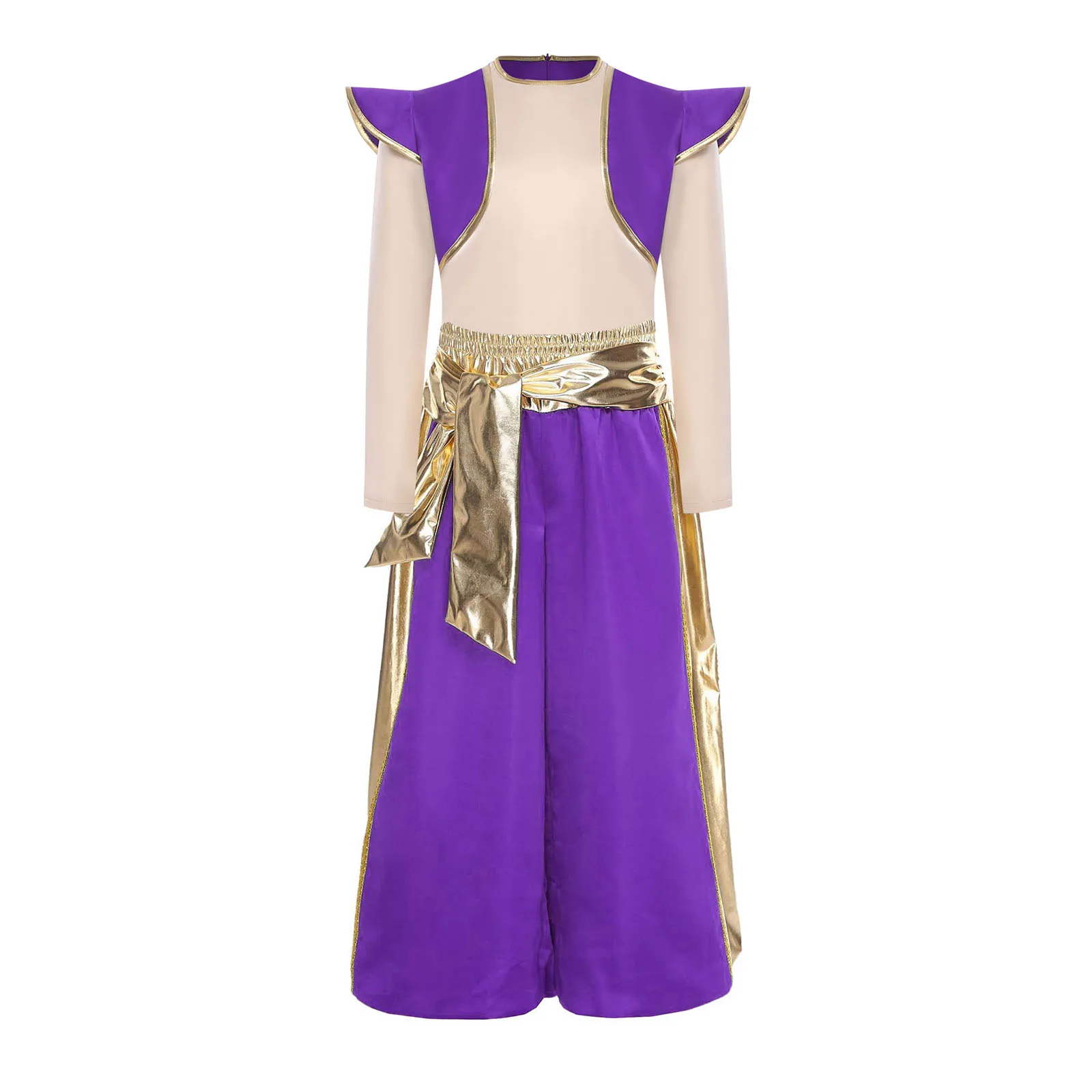 

Boys Arabian Prince Lamp Elf Cosplay Costume Mythical Aladin Halloween Outfit Shirt Top And Metallic Shiny Harem Pants