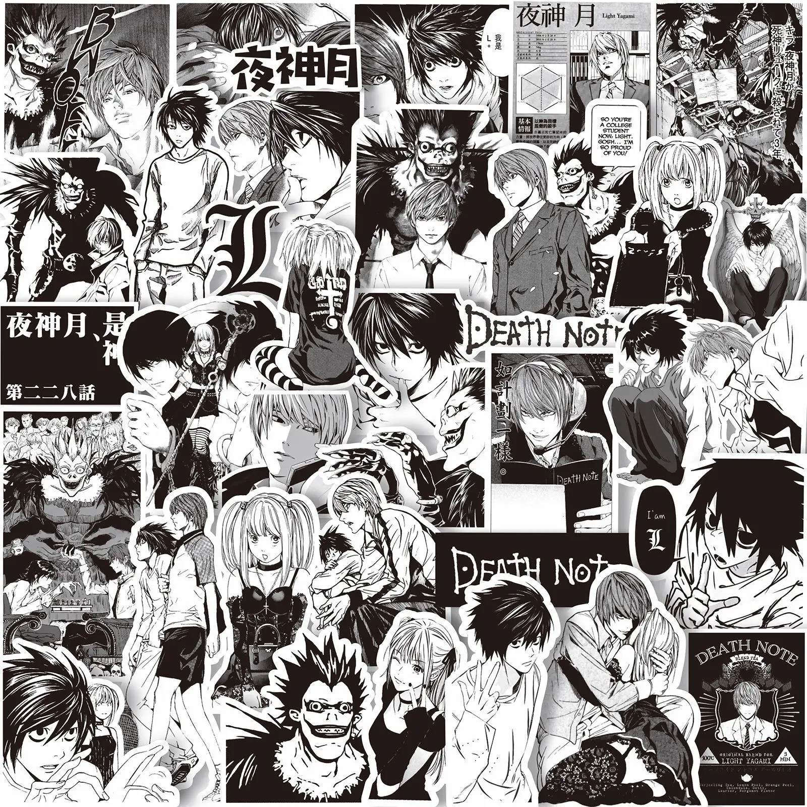 65 Stück Anime Death Note Aufkleber Schwarz-Weiß-Sticker für Scrapbook, Gepäck, Laptop, Fahrrad, Koffer, Auto, Graffiti-Dekoration, Spielzeug