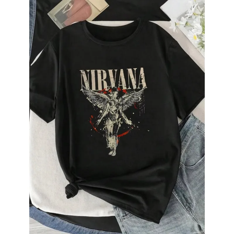 Letters and Angels Round Neck Women's T-shirt Short Sleeves Fashion Printed Half-sleeve Top Elastic T-shirt