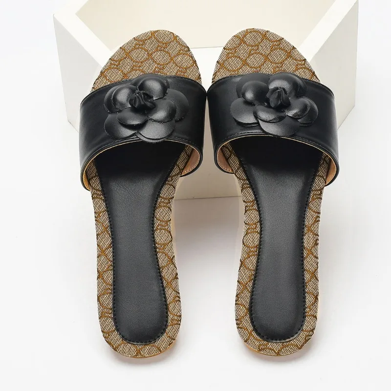 أنيقة الأسود كاميليا الديكور النعال المسطحة المرأة الصيف المفتوحة تو الشرائح الصنادل مريحة خفيفة عدم الانزلاق حذاء كاجوال #1