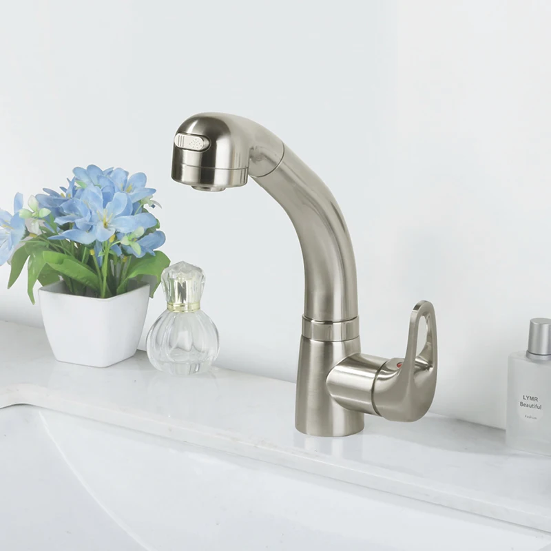 

Bathroom Pull Out Faucet Single Hole Single Handle Sink Faucet With 2 Mode Hot and Cold Mixer Tap Brushed