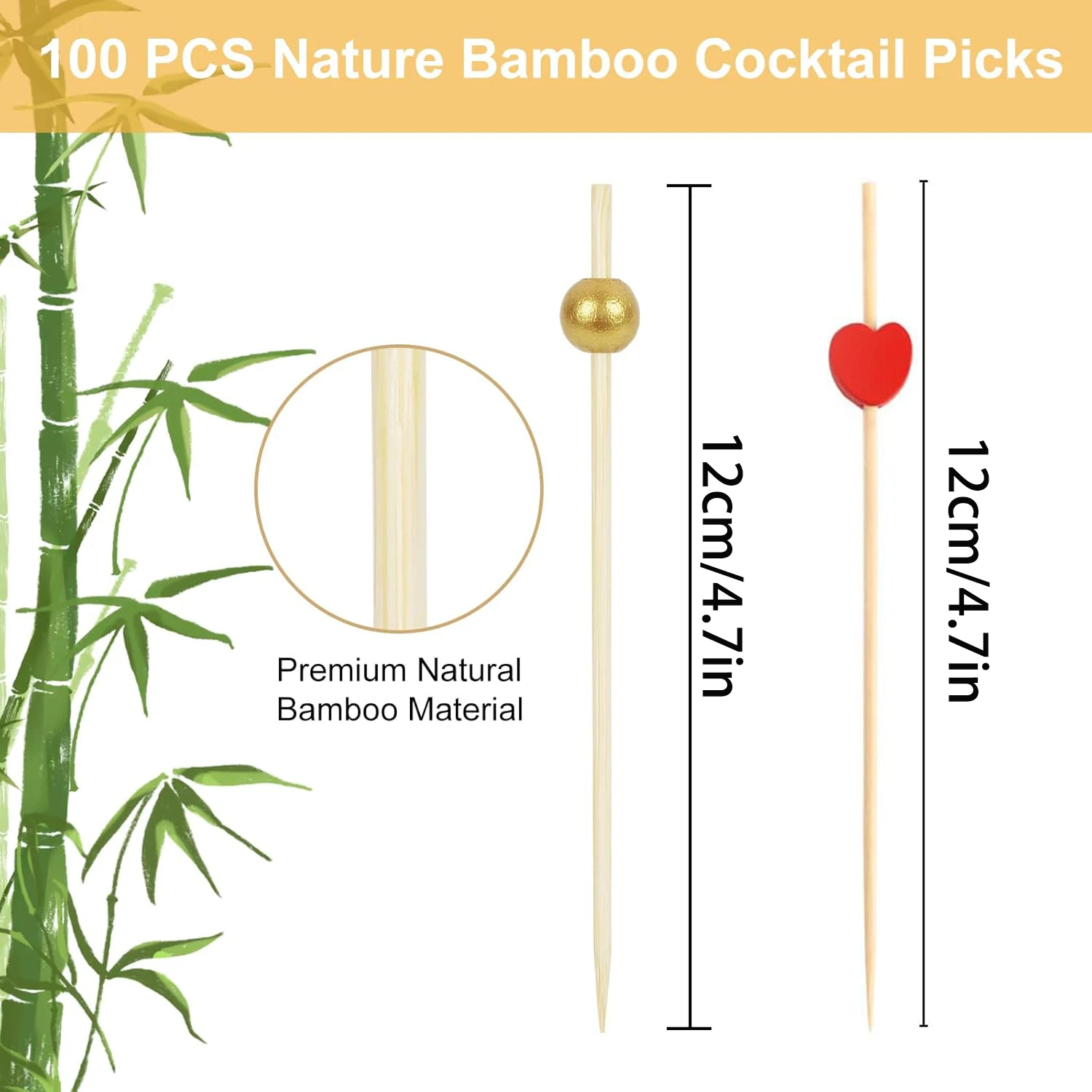 200pce Bamboo Decorative Bamboo Skewers 4.7 Inch, Cocktail Skewers, Wooden Fruit Skewers for Drinks and Fruit Decoration