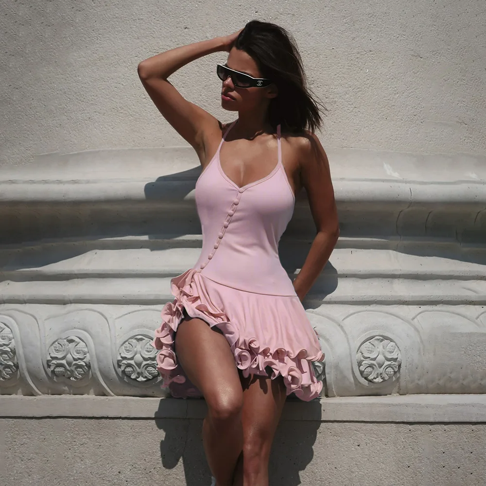 

Spaghetti Strap Ruffle Sexy Mini Evening Prom Dress Women V Neck Sleeveless Backless High Waist A-line Summer Party Dresses