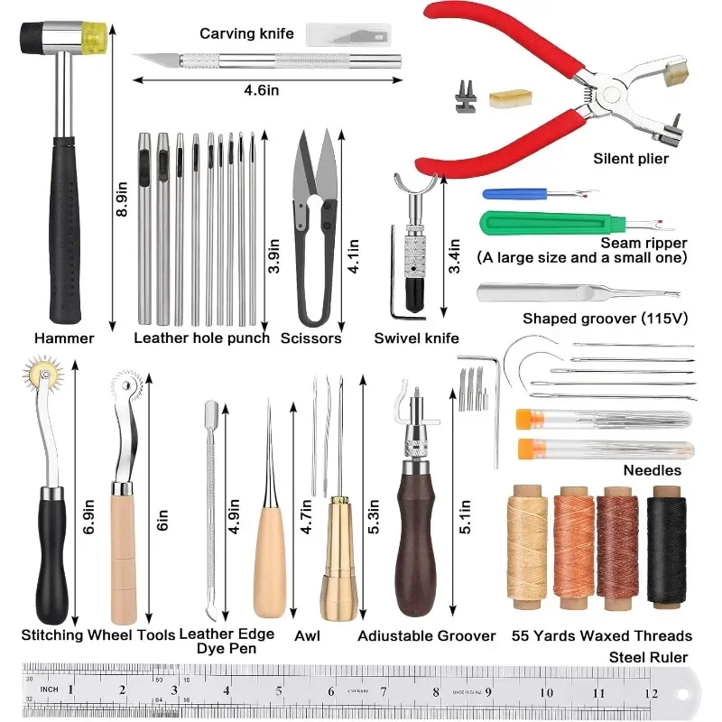 Leather Working Tools and Supplies with Tool Box Cutting Mat Hammer Stamping Tools Needles and Rivets Kit Perfect for Stitching