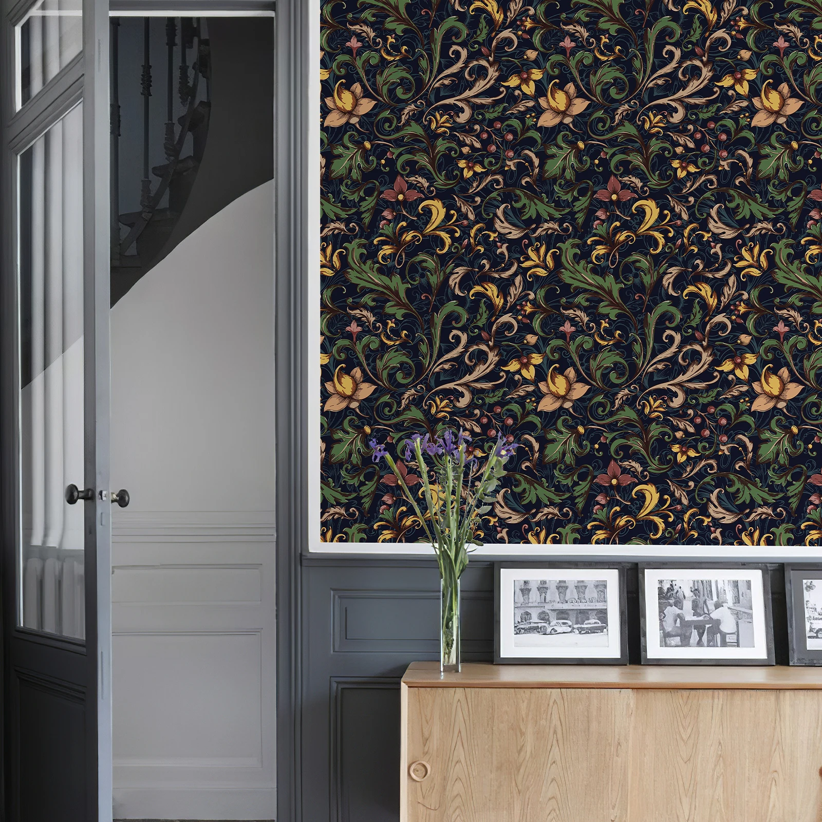Dark Blue Retro Floral PVC Wallpaper Vintage Peel And Stick Vinyl European Style Baroque Wall Deocr Furniture Cabinet Sticker