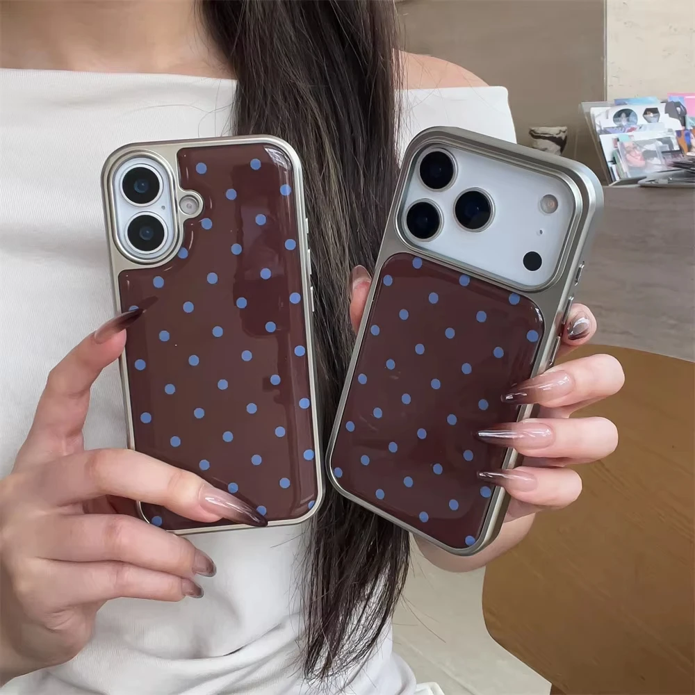 Brown Background Blue Polka Dot Electroplated Resin Casting Phone Case For iPhone 17 Air 16 Pro Max 15 14 Plus 13 12 Back Cover