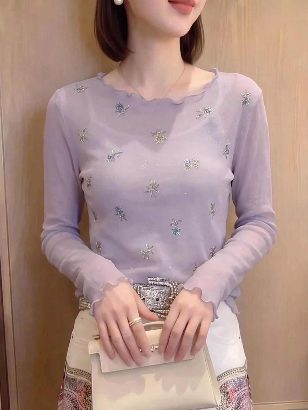 Dopamine Purple Sequin round Neck Long Sleeve Knitted Top Women Early Autumn Semi-Transparent Slim Fit Single Wear Base Shirt