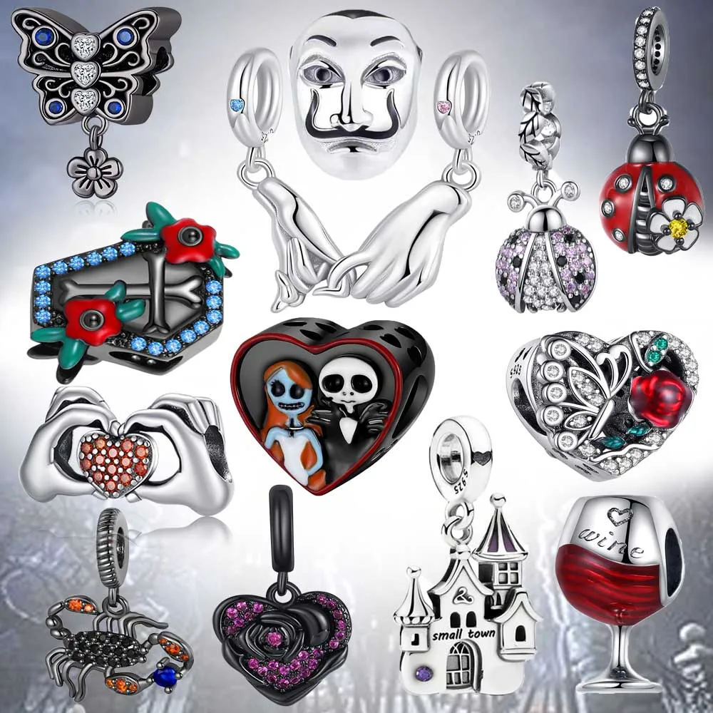 Dark Colored 925 Sterling Silver Castle&Butterfly&Cemetery&Hand&Night Rose Dangle Charm Fit Pandora Bracelet Gothic Style Jewelr