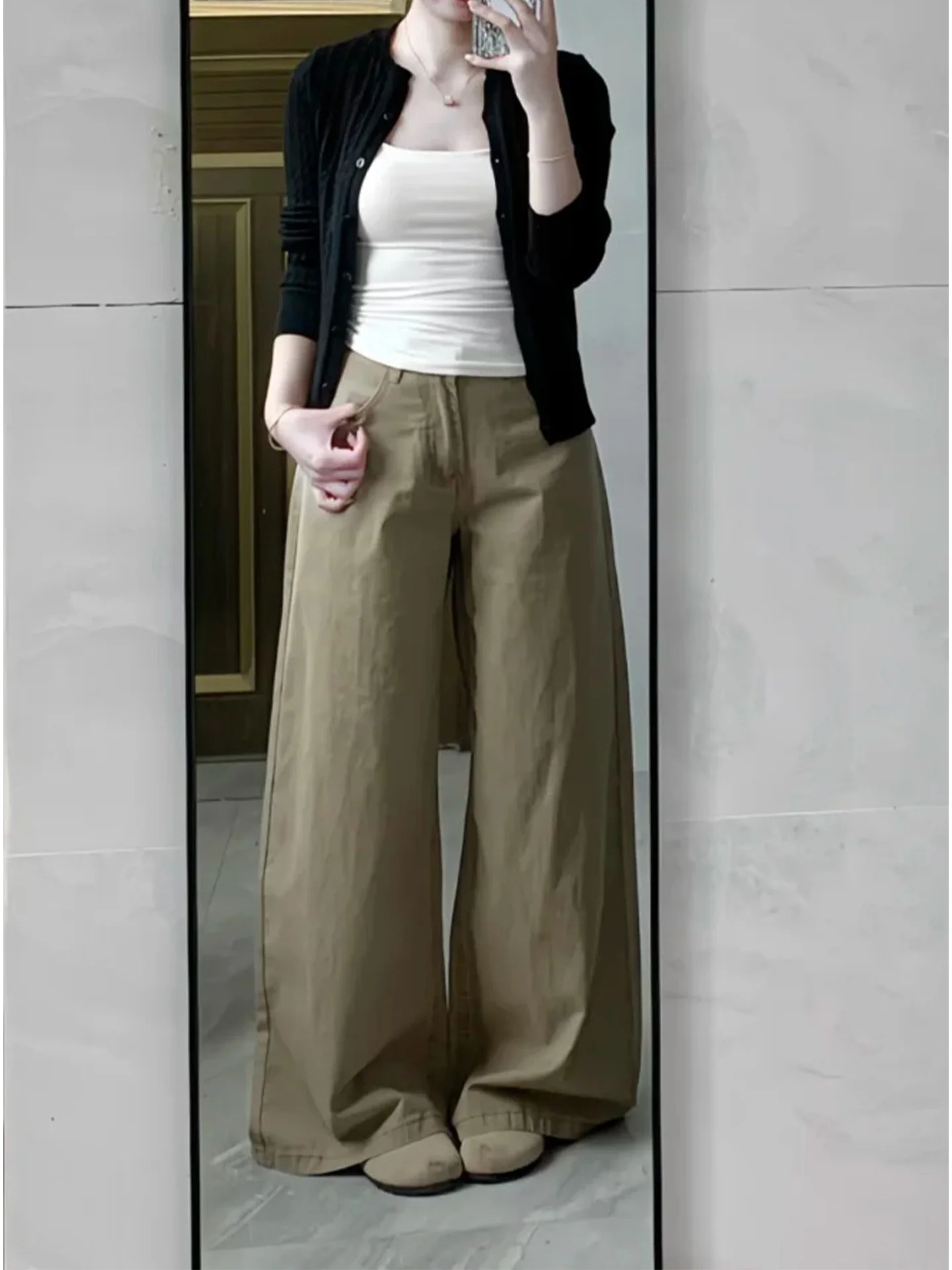 

Summer 2026 Khaki Washed Slim Fit Jeans Women's Loose Slimming Floor-Length Straight Wide Leg Denim Pants American Style High...