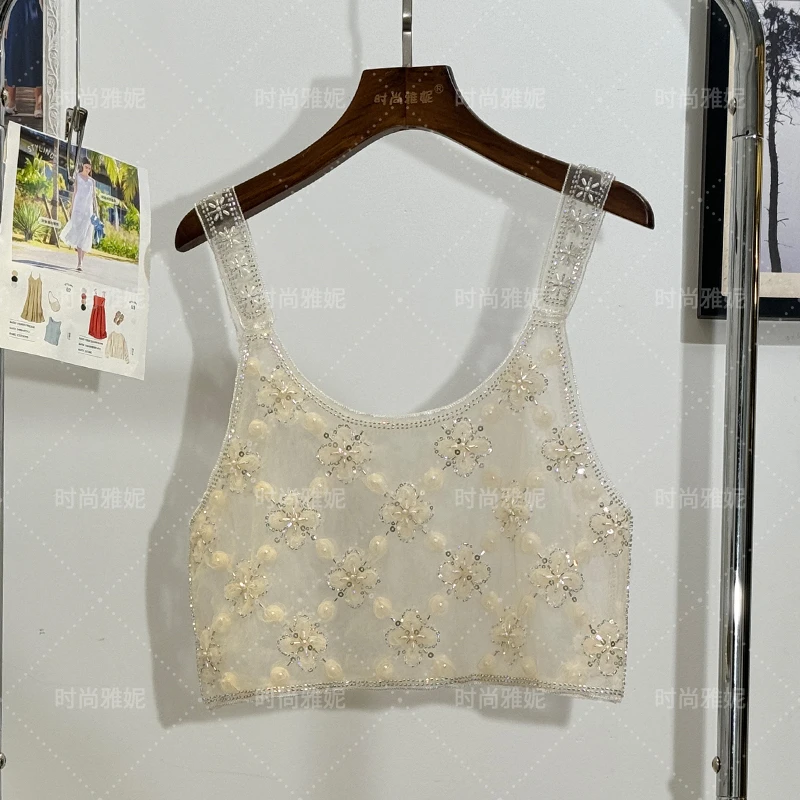 Sweet Flower Sequin Bead Pearl U-Neck Camisole Top 2024 Summer New Fashion Sexy Crop Top Mesh Sequins Camisoles for Women