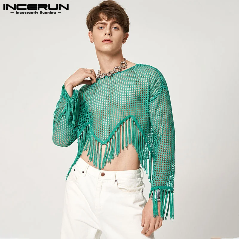 Casual Party Hot Selling Tops INCERUN New Men's Knitted Hollow T-shirts Sexy See-through Mesh Tassel Short Long Sleeve Camiseta