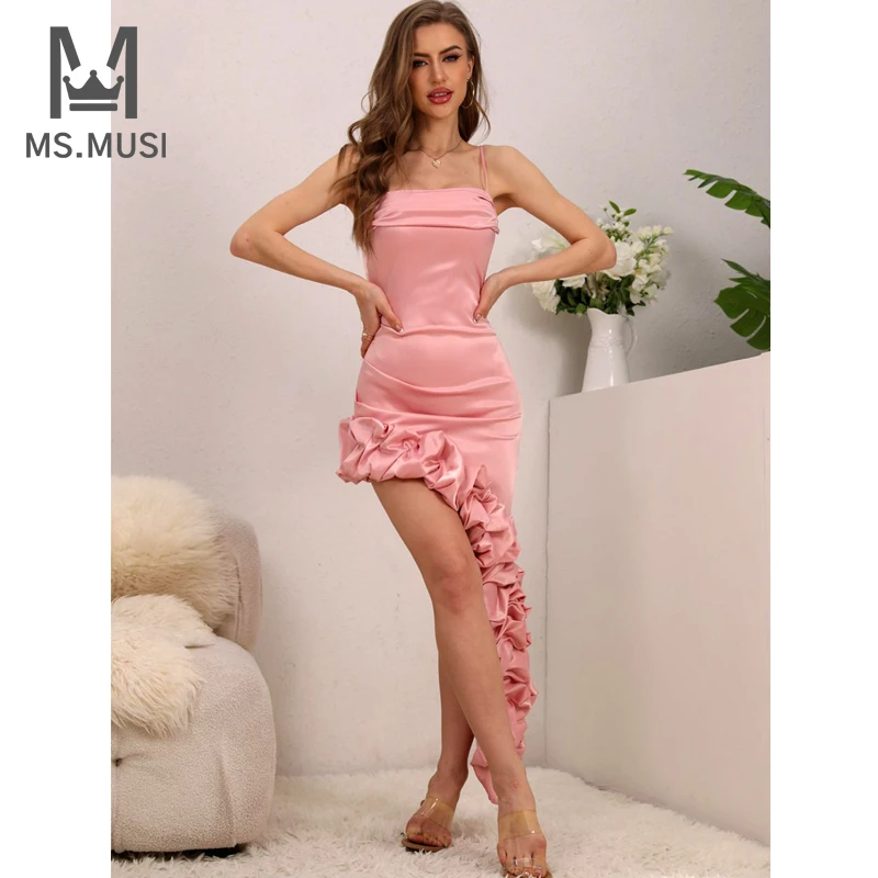 

MSMUSI 2024 New Fashion Women Sexy Strap Falbala Ruffles Asymmetric Bodycon Backless Party Club Celebrity Mini Dress Vestidos