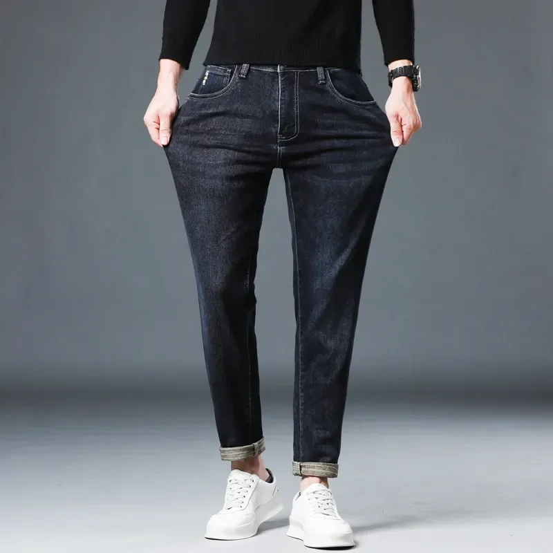 Nieuwe Herfst En Winter Haze Blauwe Jeans Voor Heren Verdikte Losse Stretch Straight Denim Broek Street Fashion Casual Herenbroek