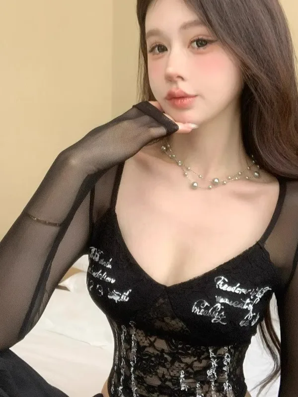 

American Hot Girl Lace Splicing Long Sve T-irt Women's Faion Unique Print Base Jumpsuit Top Ele Autumn Wear