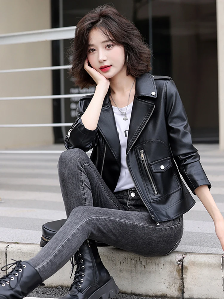   Nouvelle veste en cuir véritable pour femme, en peau de mouton, collection Printemps 2025, style motard amincissant, tendance