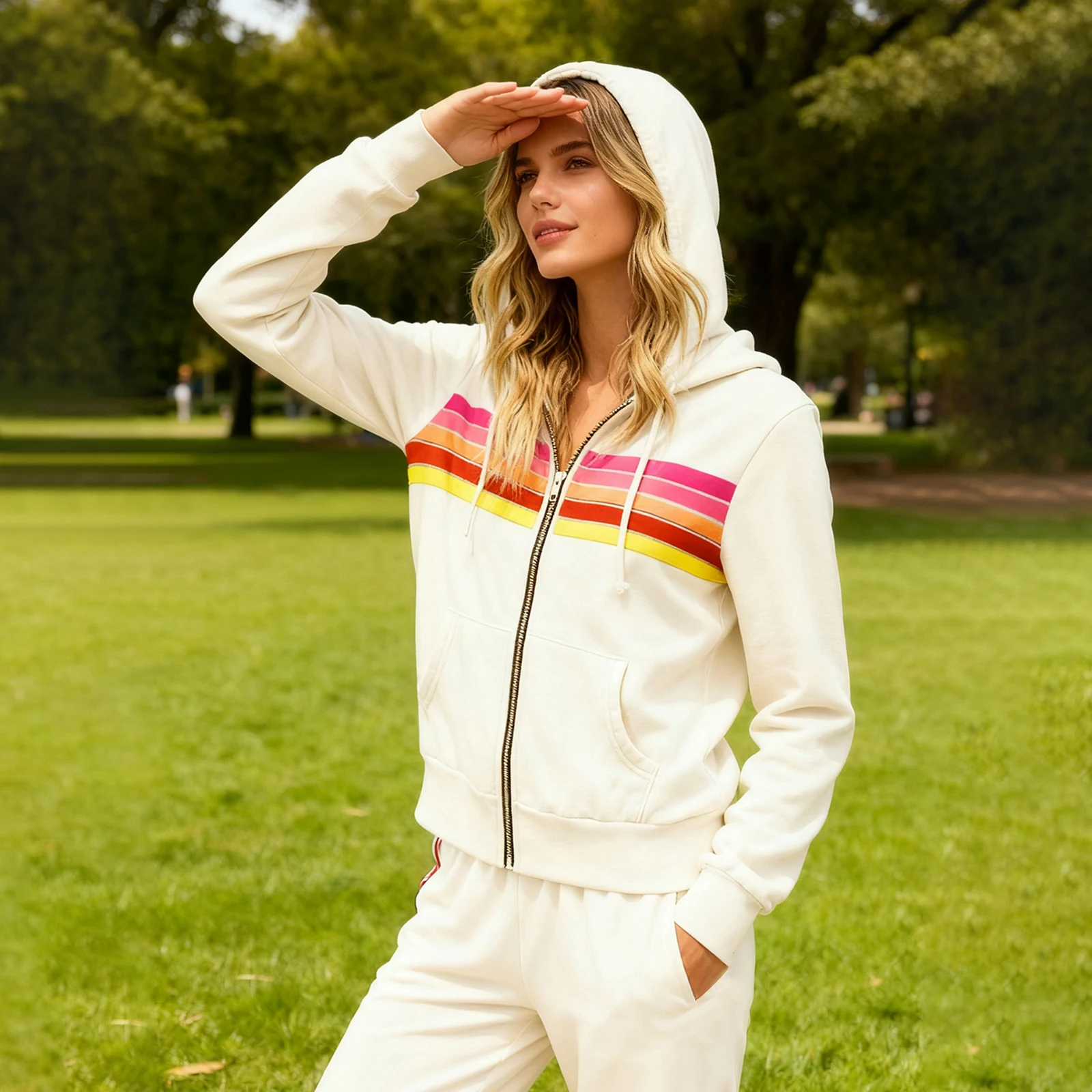 Manteau Patchwork à la mode pour femme, veste à capuche, sweat-shirt zippé avec rayures horizontales colorées pour superposition, usage quotidien