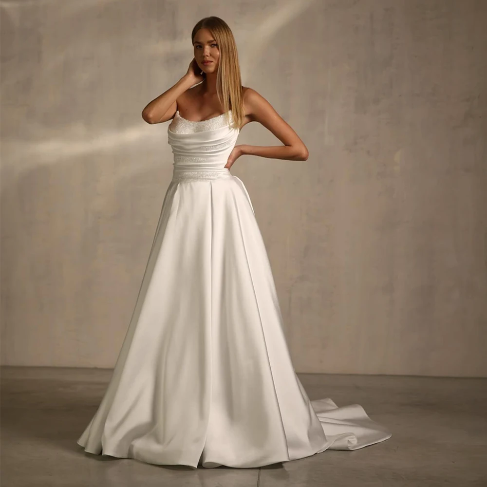 

Strapless Wedding Dresses Sleeveless Bridal Dress Customized Satin A Line Boho Weddings Dress amanda novias