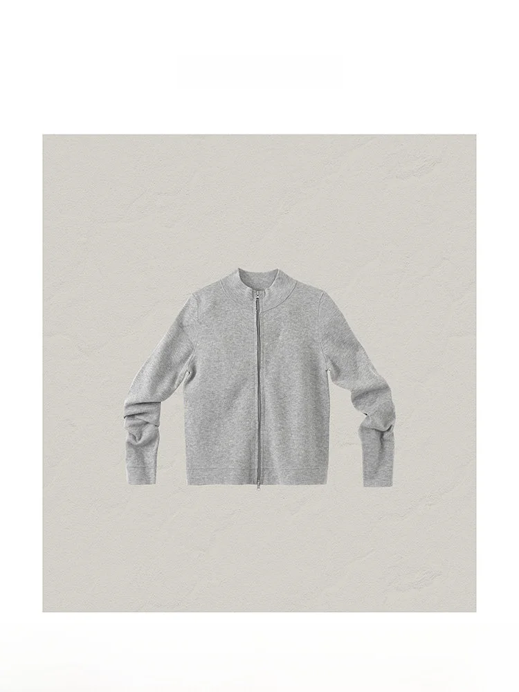 

Bebe Grey Short Knitted Woolen Sweater Women's Slim Fit Thin Cardigan Coat Stand Collar Commute Style Regular Sleeve Length