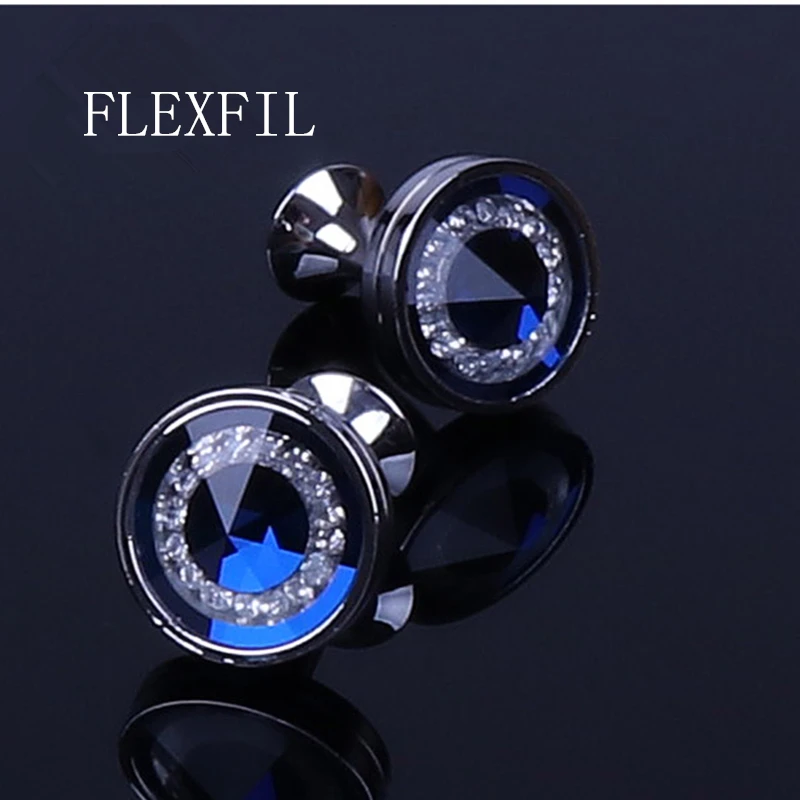 FLEXFIL Jewelry French shirt Fashion cufflinks for mens blue crystal Cuff link Wholesale Button High Quality Wedding Male