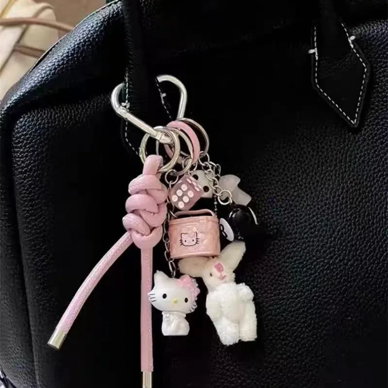 

Homemade Girl's Heart Pink Tender Bunny Bag Pendant Leather Keychain Hanging Rope Cute Sweet Princess Accessory