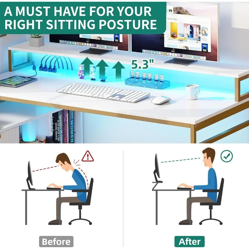 Mesa em forma de L com saídas elétricas, luzes LED, armário de arquivos, mesa grande do computador, canto, branco e dourado, 55 polegadas