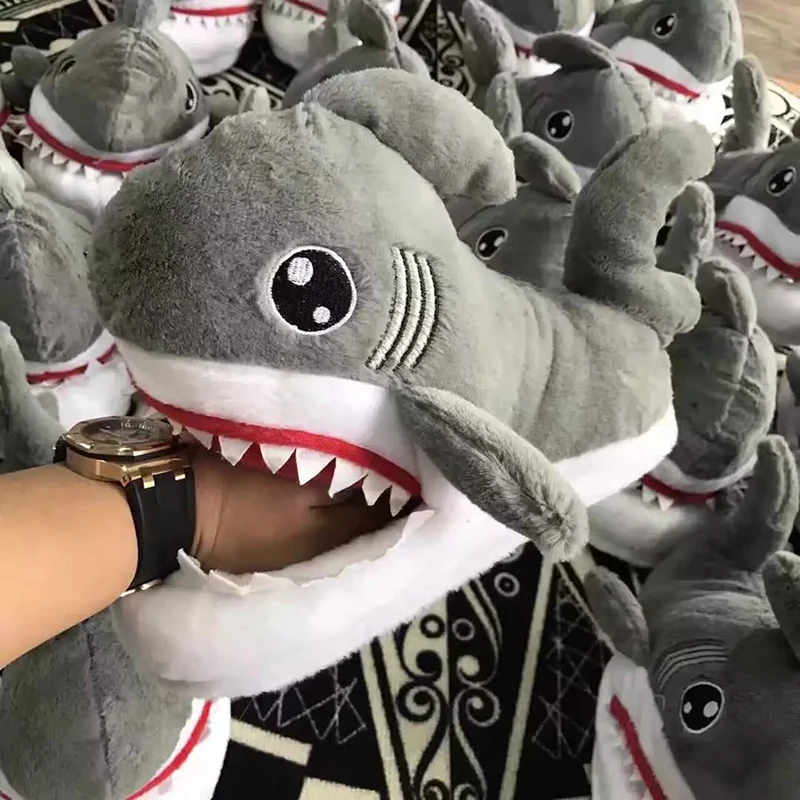 Funny Shark Plush Warm Slippers Women Winter Shoes Cartoon Shark Fur Shoes Lovely Indoor Slippers Men Winter Home Shoe