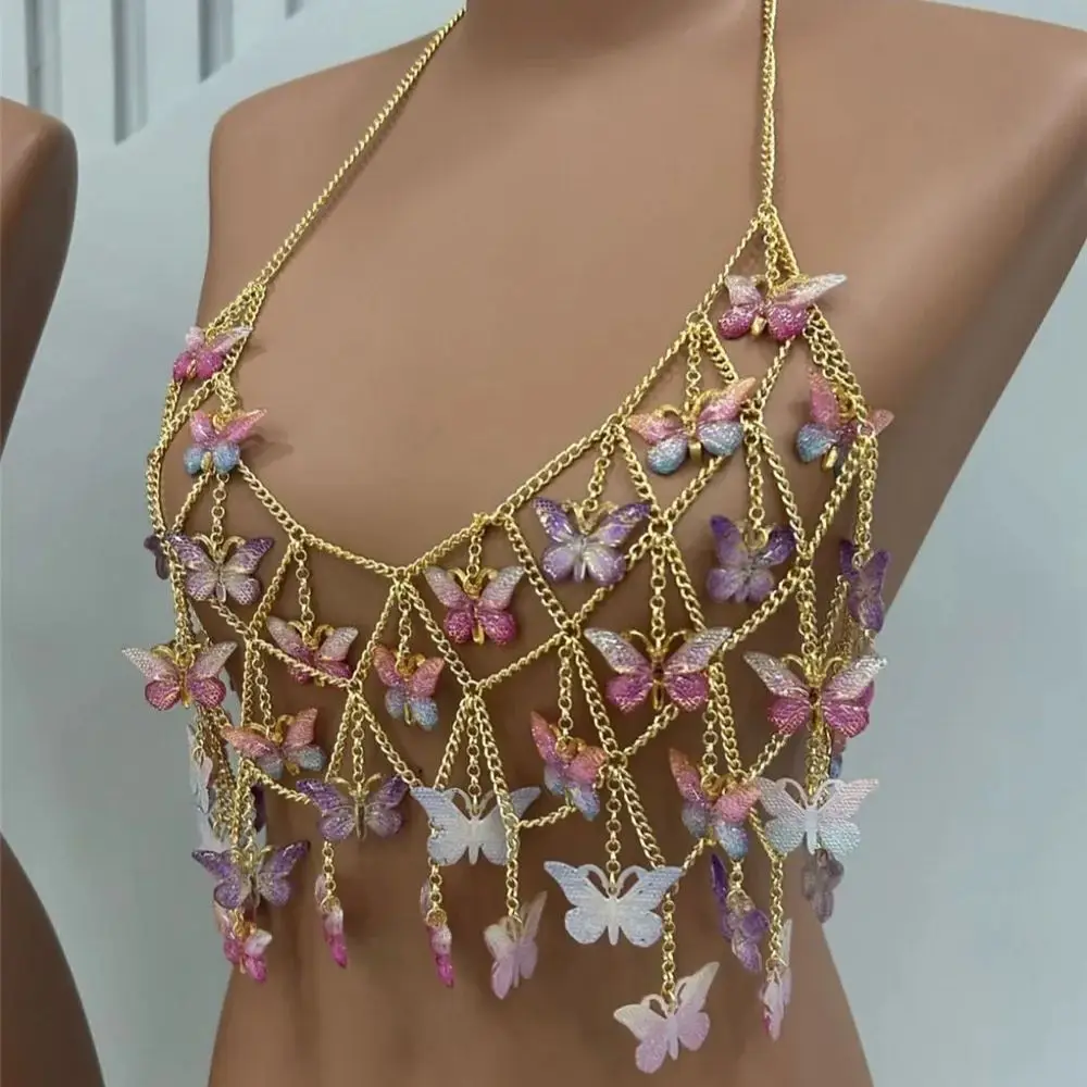 Gilet a catena in metallo con ciondolo a farfalla multicolore per donna Ragazza calda sexy Maglia che dimagrisce Catena sul petto Nicchia Versatile vestito da ragazza calda