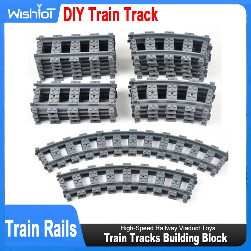 DIY Train Tracks Building Block Bricks City Building Power Function Straight Curved Train Rails High-Speed Railway Viaduct Toys