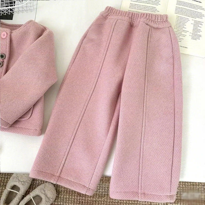 Mädchen Grauer Wollmantel mit Hornknöpfen + Hose 2-teiliges Set Kinderoutfit Herbst Winter Kleidung 80-130 – Detail 5