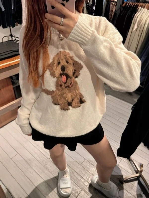 

Cute Little Dog Embroidered Knit Sweater Women's Design Soft Cozy Overhead Autumn Winter New Sle Korean Sle round Ne Lo...