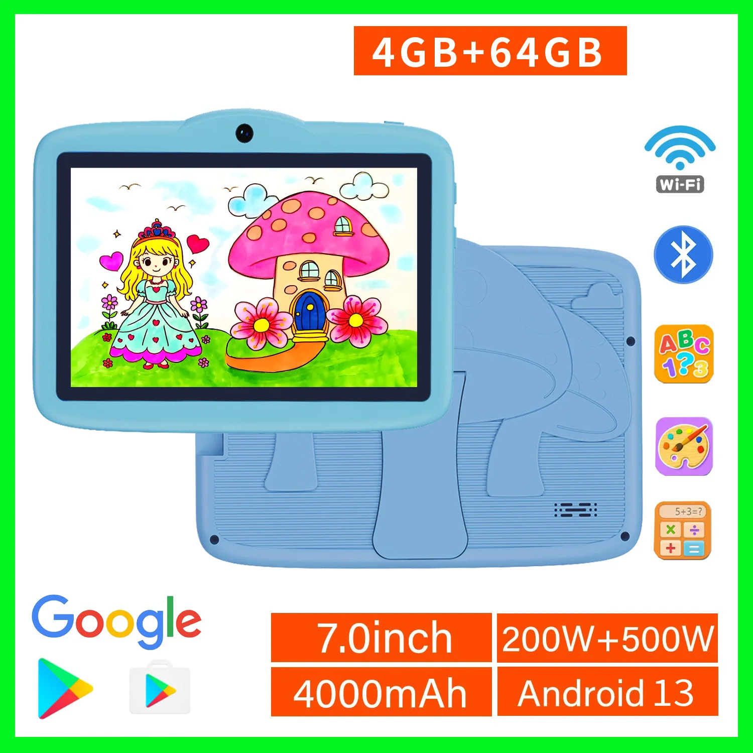 New 7 Inch Kid Tablet Android13, 4GB RAM 64GB ROM 4000mAh 4-Core WiFi Bluetooth Children's Gift KIDOZ Kids Software
