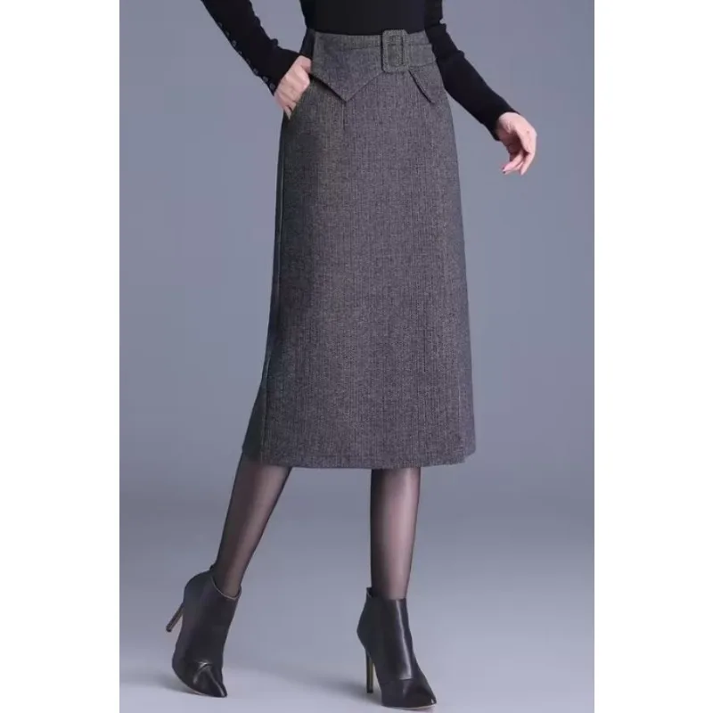

Woolen Skirt Autumn Winter Style Waist-covering 2025 High Waist Hip-covering Skirt Temperament Slit Mid-length One-step Skirt