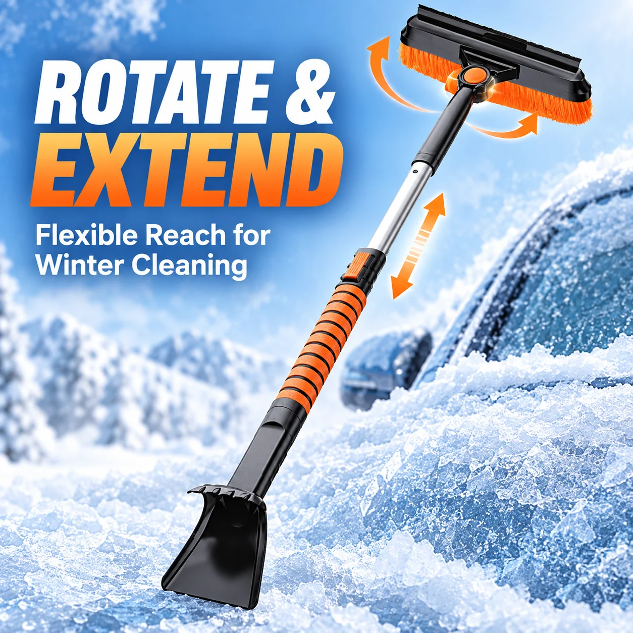 3-in-1 Telescopic Car Snow Brush with Ice Scraper & Squeegee, 360° Rotating Head for Windshield SUV Winter Cleaning
