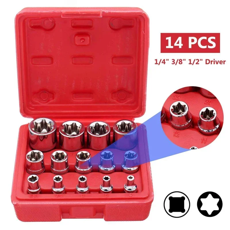 Fêmea Torx Bit Star-Shaped Socket Set, Ferramenta de reparo de carro, 1/4, 3/8, 1/2 "Drive, E4-E24, 4mm-24mm, 4 pcs, 5 pcs, 14 pcs