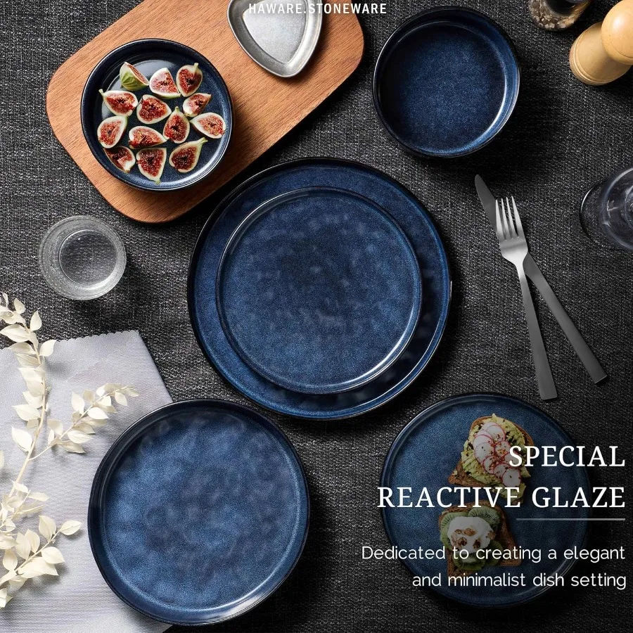 12Piece Stoneware Dinnerware Set for 4 Including Plates and Bowls Reactive Starry Blue Ceramic Dish Set for Home Restaurant Use