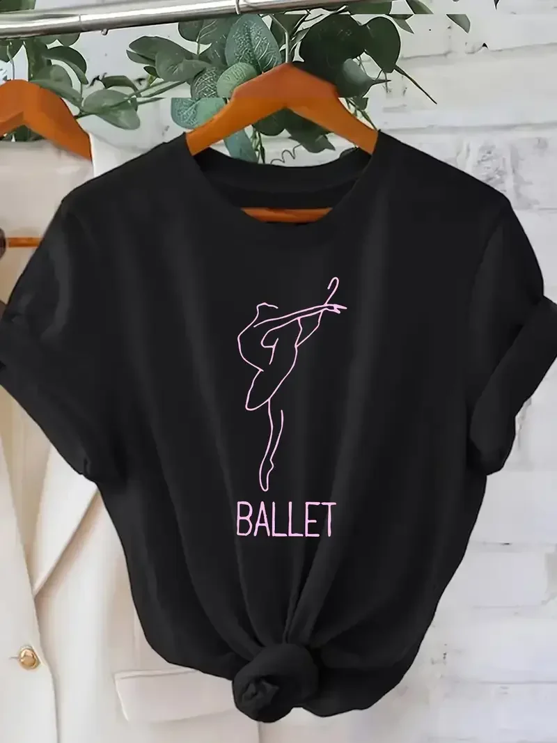 เสื้อยืดคอกลมแขนสั้นลายกราฟิกธีมบัลเลต์สำหรับผู้หญิง ดีไซน์นักเต้นบัลเลต์