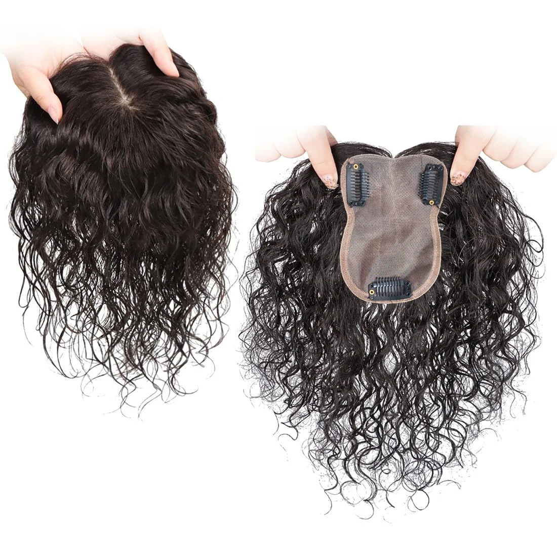 Middle Part Curly Human Hair Topper Clip in Silk Base Wiglet Hairpiece Forehead Hairline Replacement 8x10cm