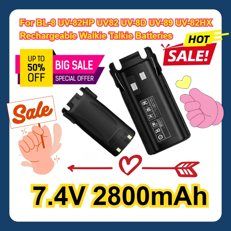 

7.4V 2800mAh UV-82 Battery For BL-8 UV-82HP UV82 UV-8D UV-89 UV-82HX Rechargeable Walkie Talkie Batteries