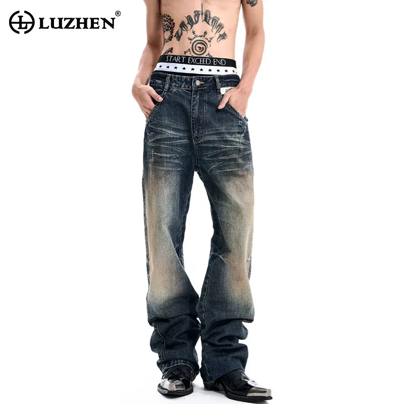 LUZHEN 2026 New Stylish Gradient Washed Vintage Style Straight Casual Jeans Men's Handsome Pattern Printed Denim Pants JY8680