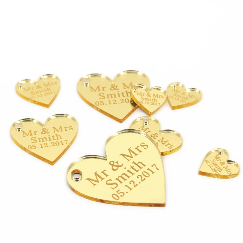 50Pcs Personalized Engraved Gold/Silver Love Hearts Acrylic Wedding Table Party Tags Custom Name Baby Shower Decor Gift Box Tags