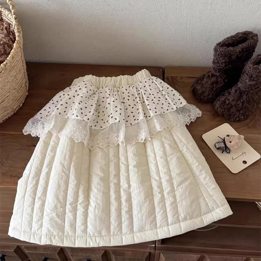 Winter New Arrival Korean Fashion Kids Girls High Waist Floral Print Lace Edge Quilted Warm Skirt 90-140cm