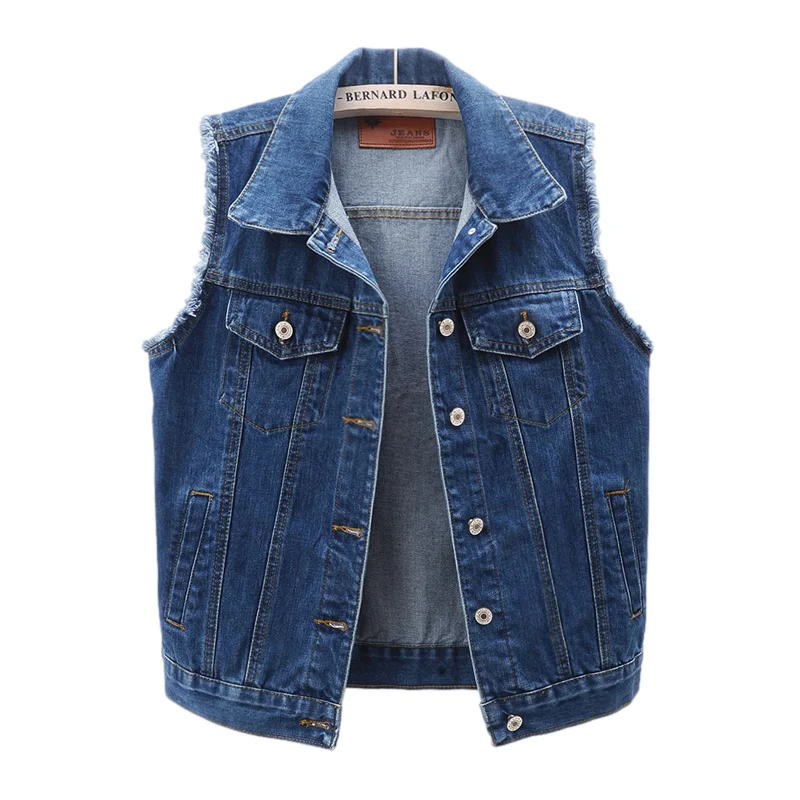 

Vintage Wash Dark Blue Denim Vest Women Student Waistcoat Loose Short Burrs Sleeveless Jacket Coat Big Pocket Jeans Vests Female