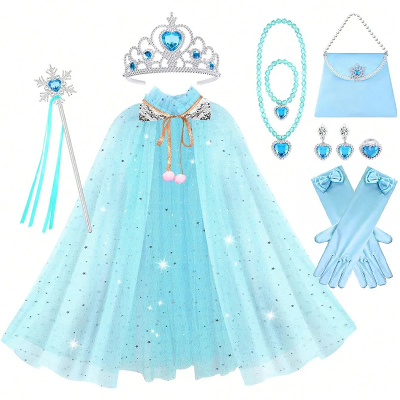 Fashion Kids Crown Ring Magic Wand Bag Cloak Shawl Set Princess Headdress Dress Up Girls Crown Hair Accessories Holiday Gifts