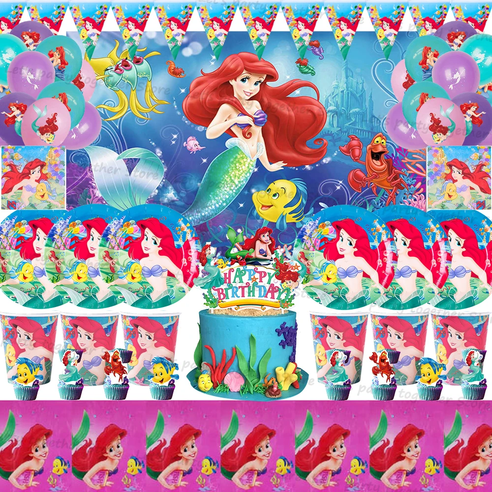 

Princess Ariel The Little Mermaid Birthday Party Decoration Festivel Party Supplies Tableware Cups Plates Napkin Backdrop Disney