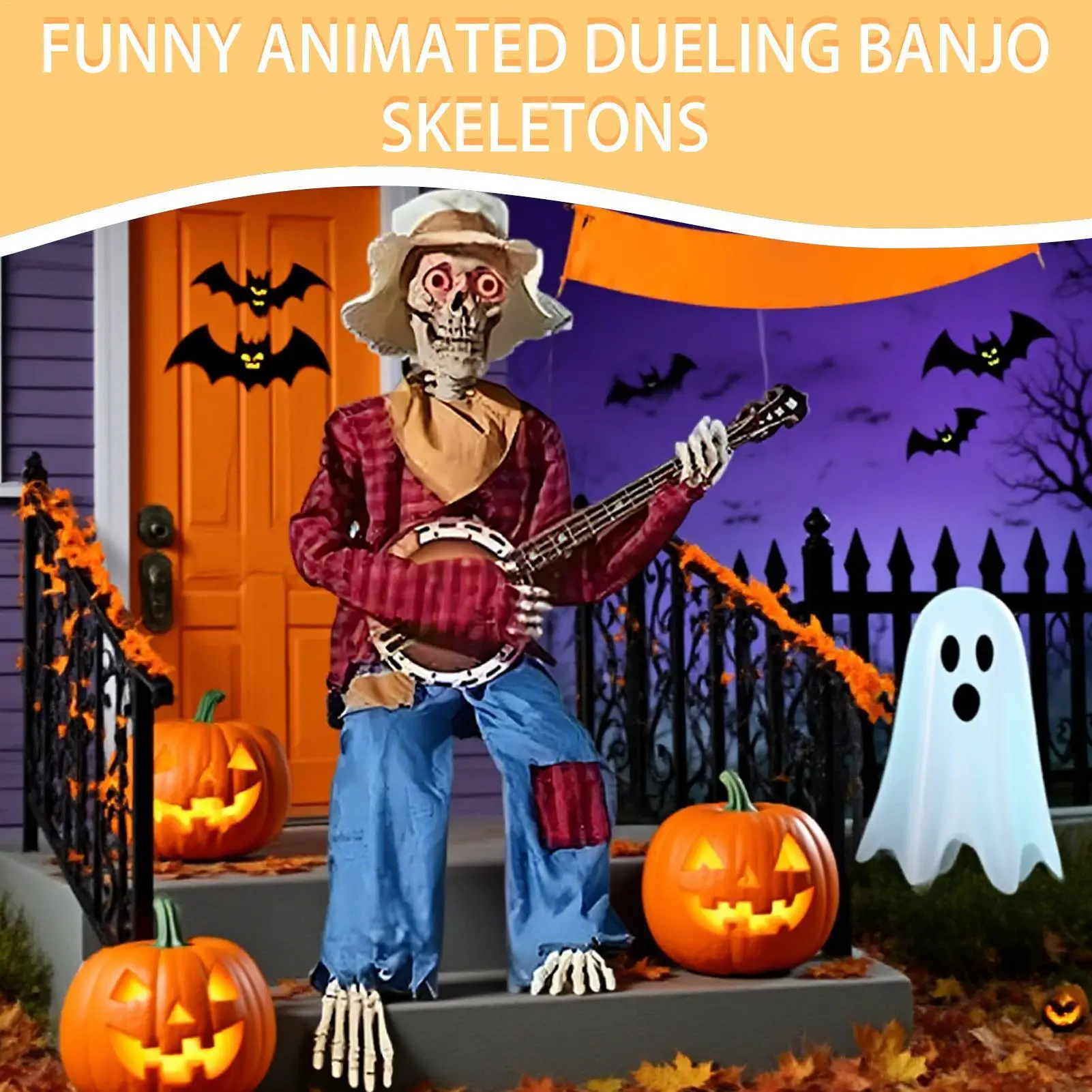 Musikalisches Halloween-Skelett mit leuchtenden Augen und beweglichen Gelenken – animierte Outdoor-Dekoration für Hof, Garten, Veranda, Spukhaus