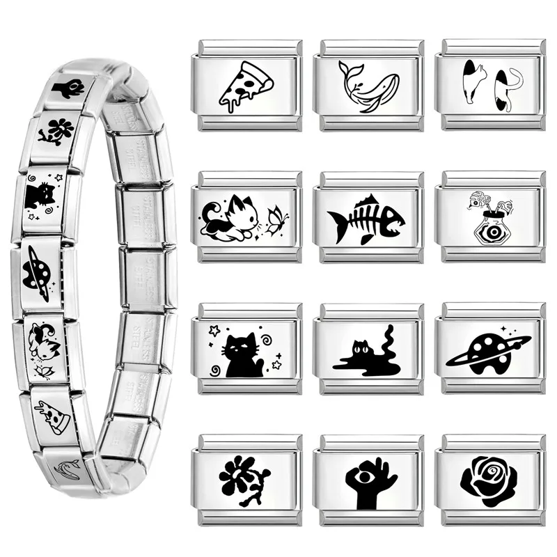 روابط سحر إيطالية محفورة بالليزر على شكل قطط سوداء تلعب تناسب سوار من الفولاذ المقاوم للصدأ بعرض 9 ملم للرجال والنساء هدايا يدوية الصنع - 4